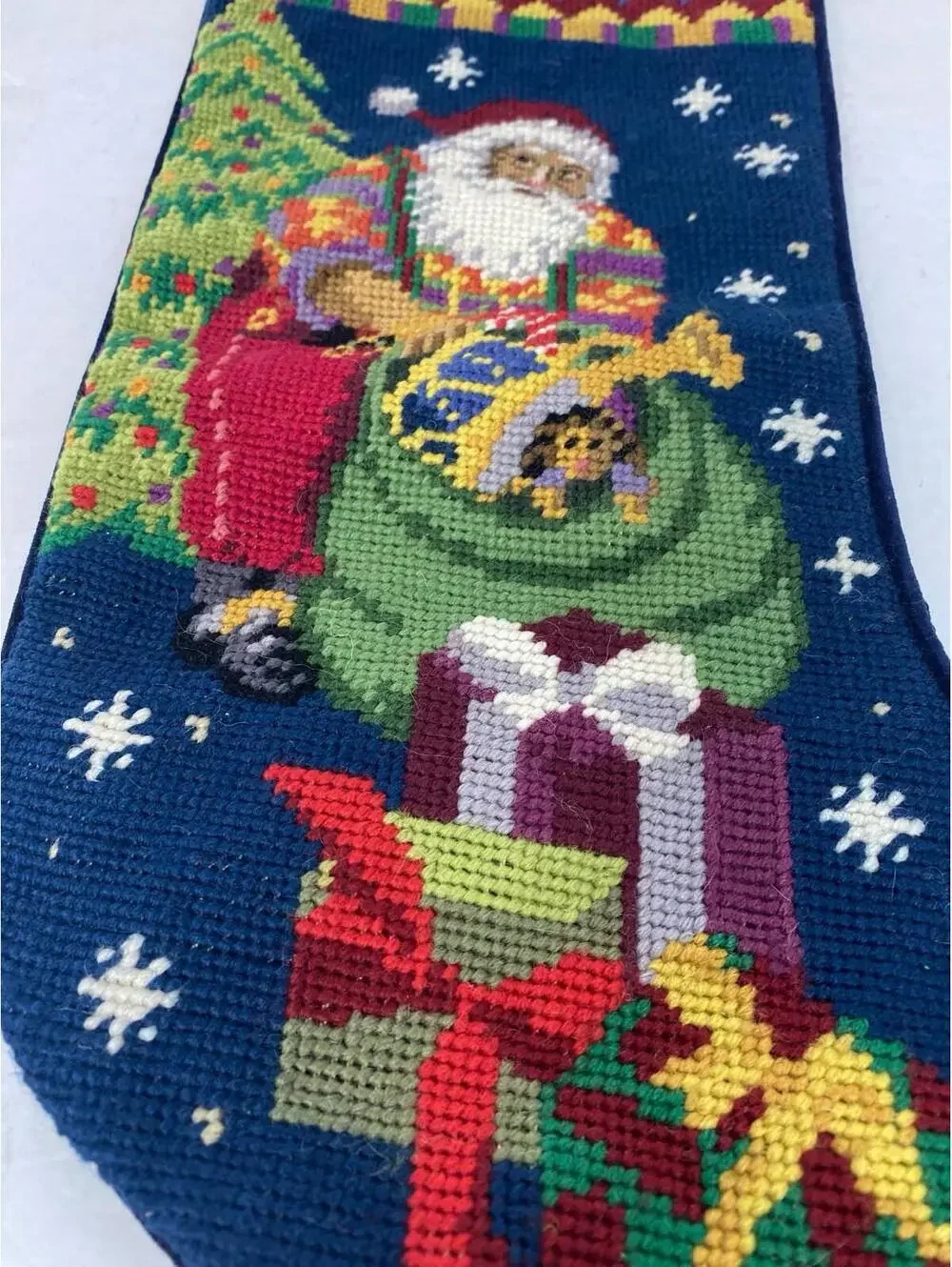 Needlepoint Vintage Santa Sleigh Tree  Christmas Stocking  Navy Velvet